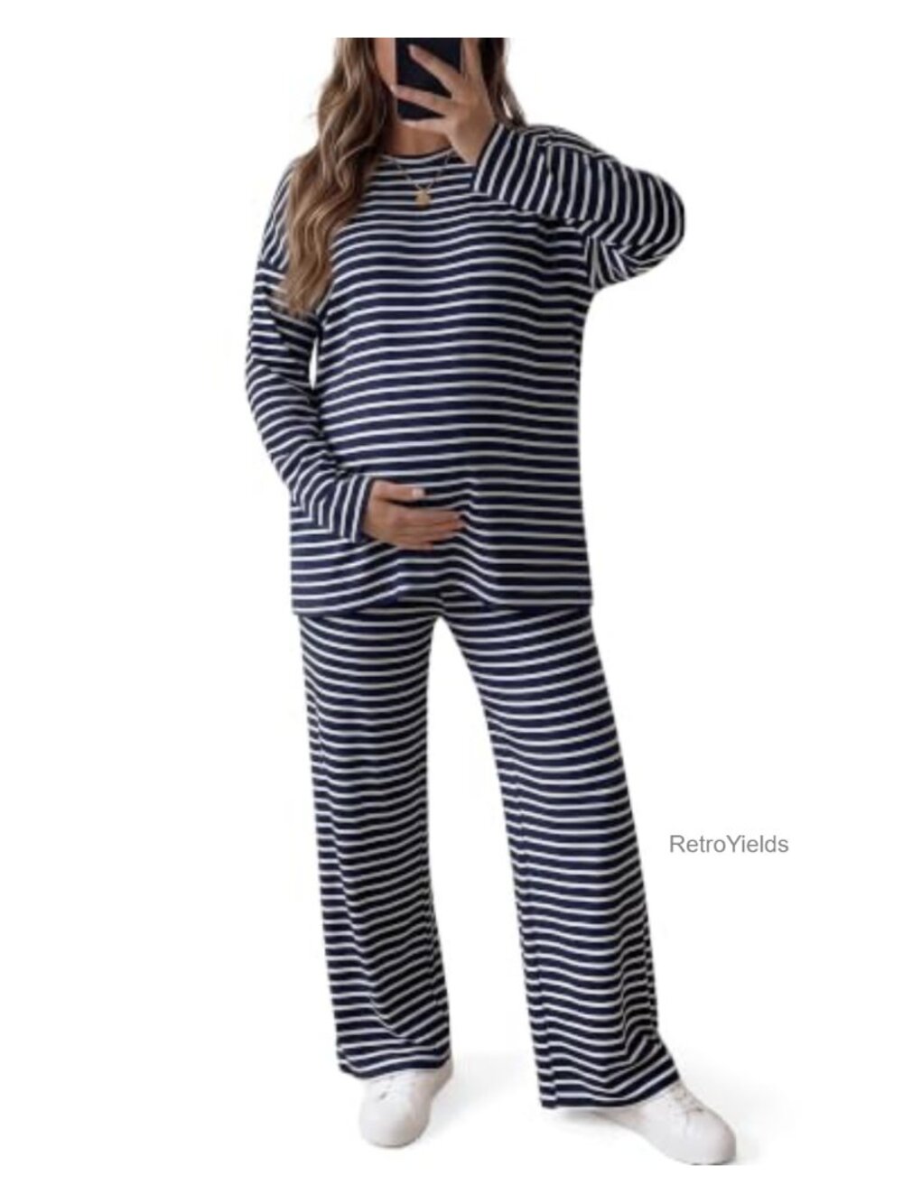 Maternity 2 Piece Set Striped Top Wide Leg Pants Adjustable Waist